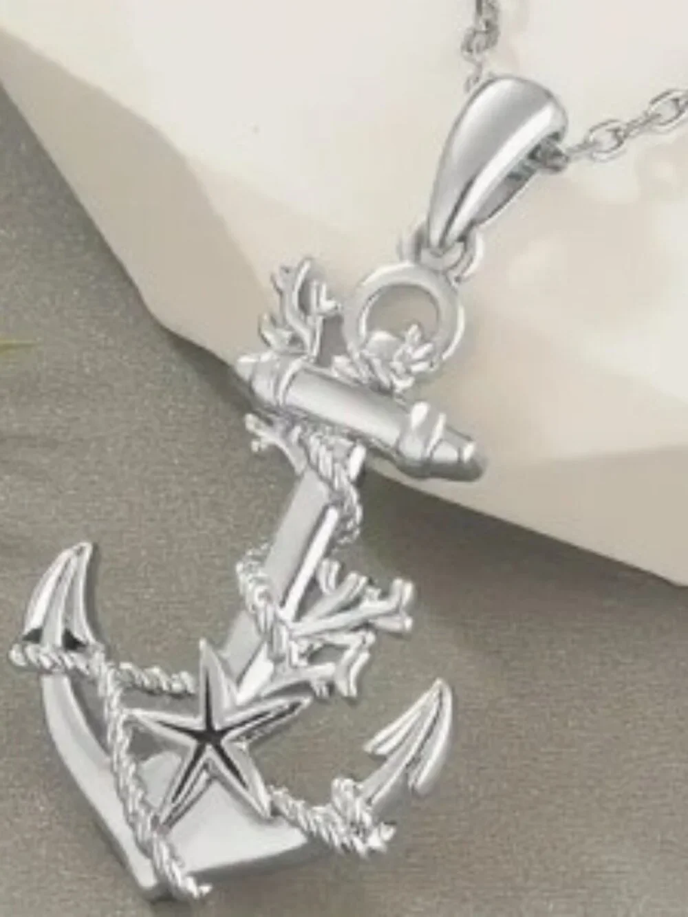 Unisex Silvertone Boat Anchor Embellished Pendant Necklace Platinum Plated
